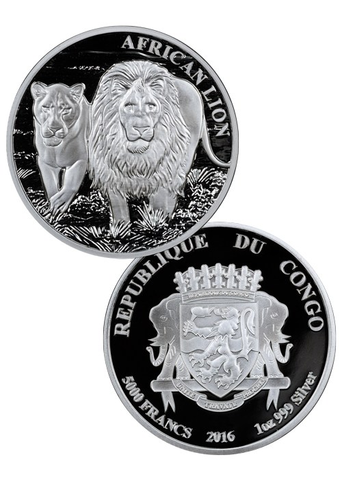 2016 Congo 1 Troy Oz .999 Silver African Lion 5000F