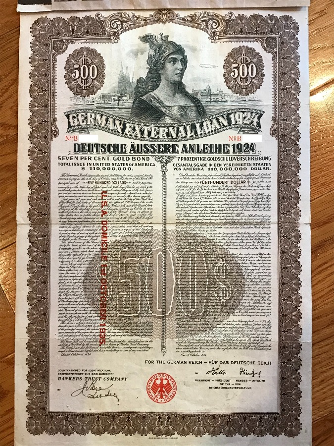 German External Loan 1924 Gold Bond – $500 PassCo