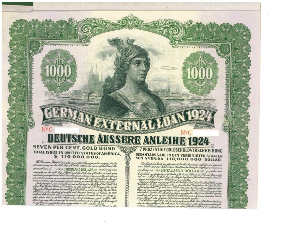 1924 German External Dawes 7% Gold Bond – $1000 Pa...