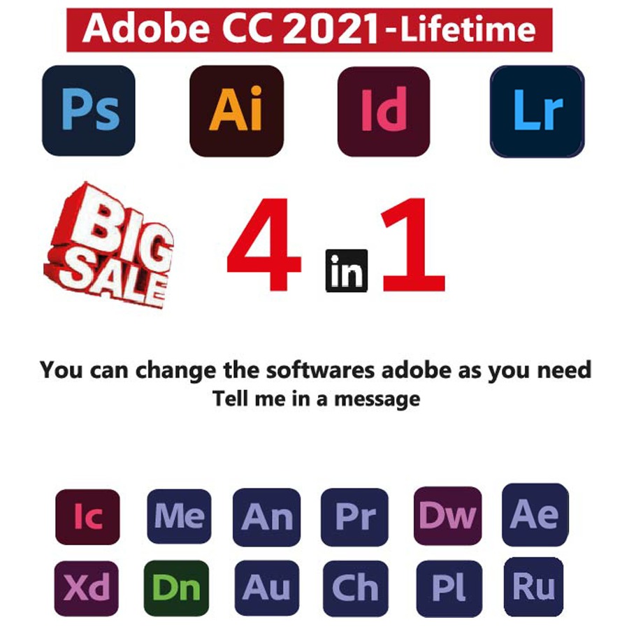 Adobe Softwares 4 in 1 (PS, AI, Id, Lr) + Gift 3courses