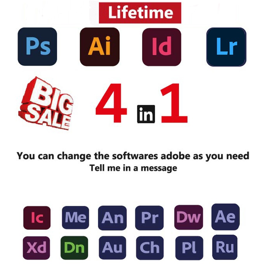 4 in 1 photoshop + illustrator + indesign +LR lifetime