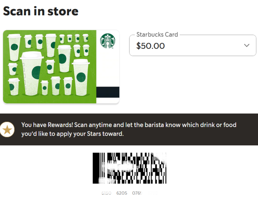 Starbucks cards barcode off 65%