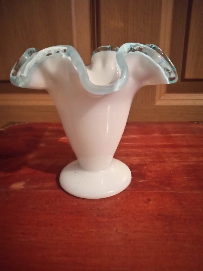 Vintage Milk Glass Ruffled Edge Vase Piped In Blue